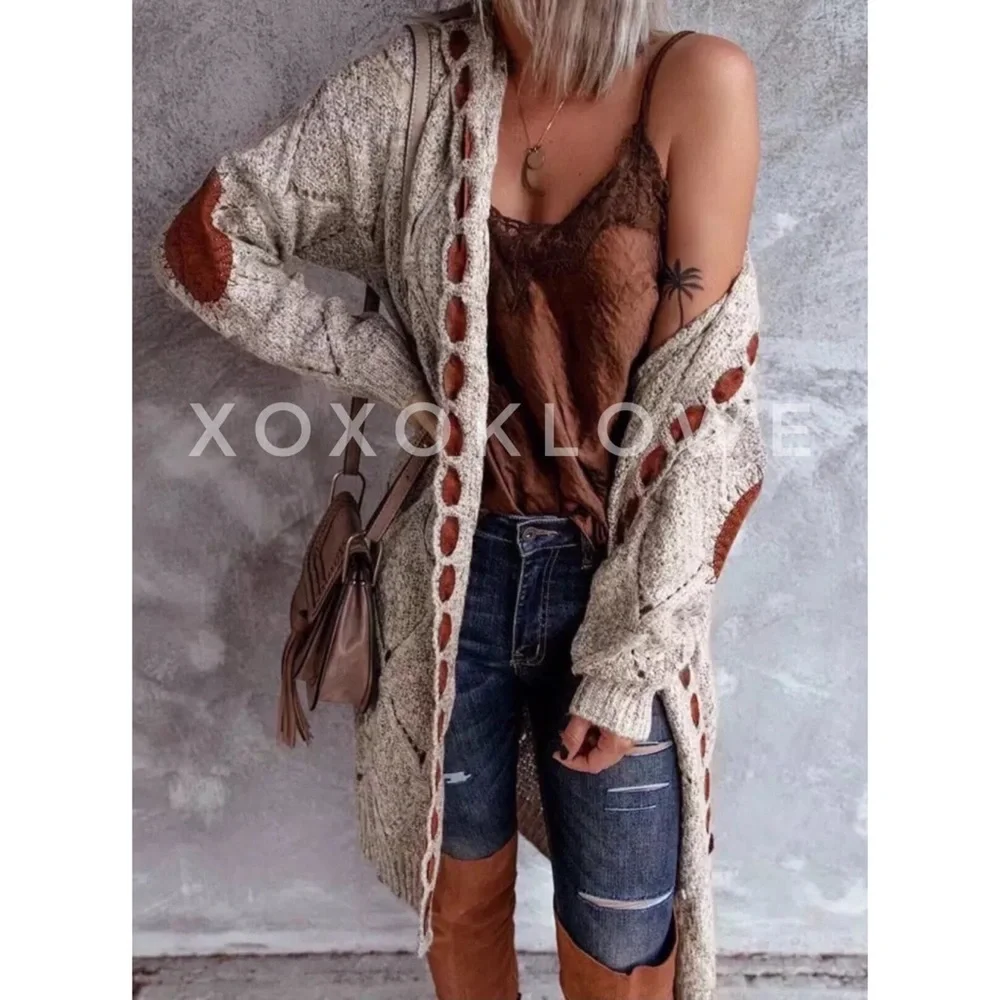 1 L POL Hooded Cardigan Open Front Diamond Weave Faux Suede Detail - Picture 6 of 13